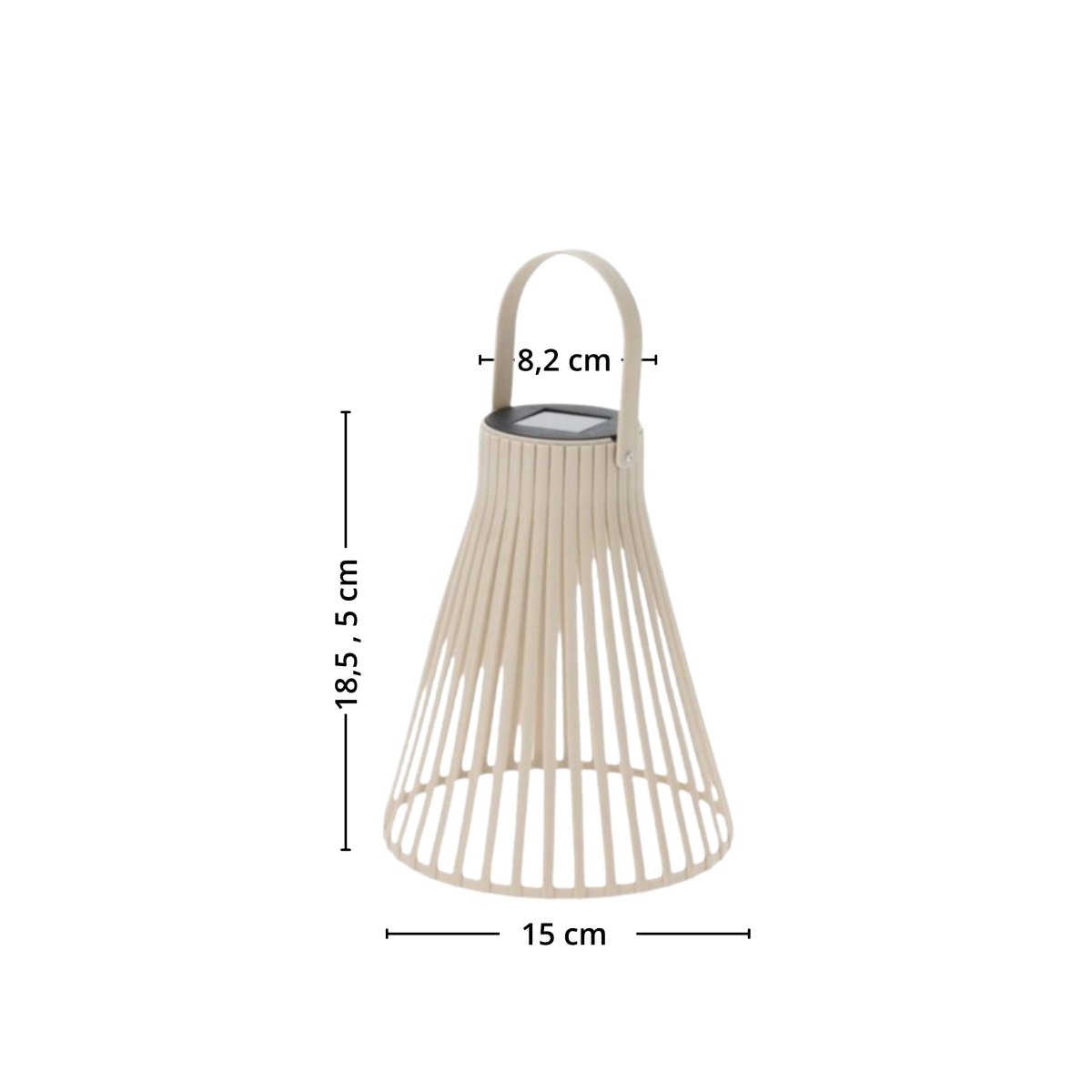 Beige solarlykt vist med målene 15 cm i bredde, 8,2 cm i dybde og 18,5 cm i høyde. - Lindas dekor