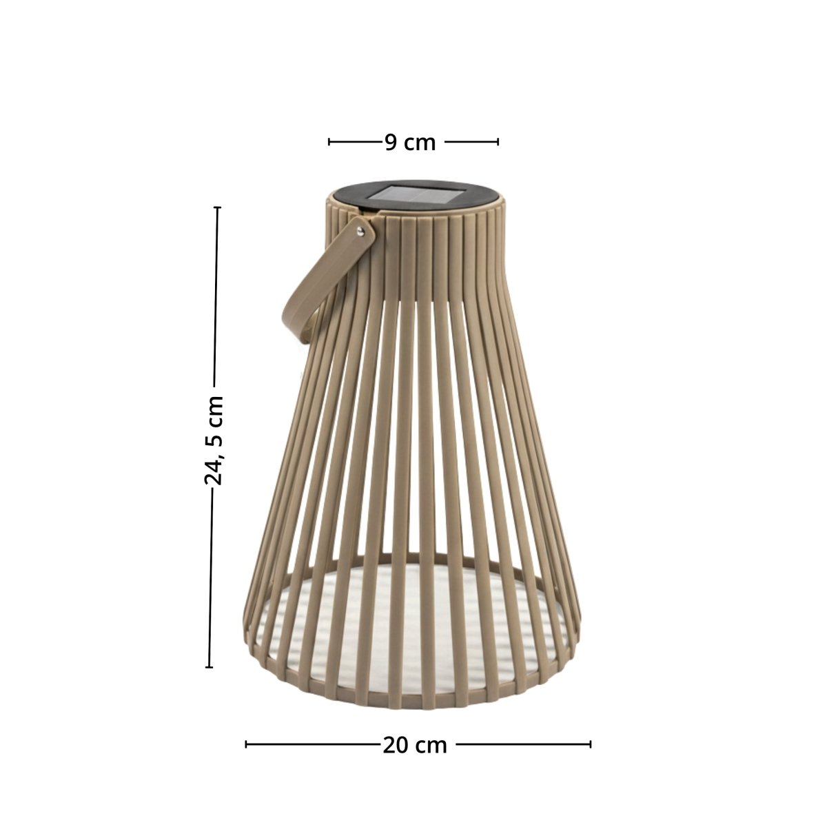 Brun solarlykt vist forfra med mål som illustrerer 20 cm bredde nederst, 9 cm bredde øverst og 24,5 cm høyde. - Lindas dekor