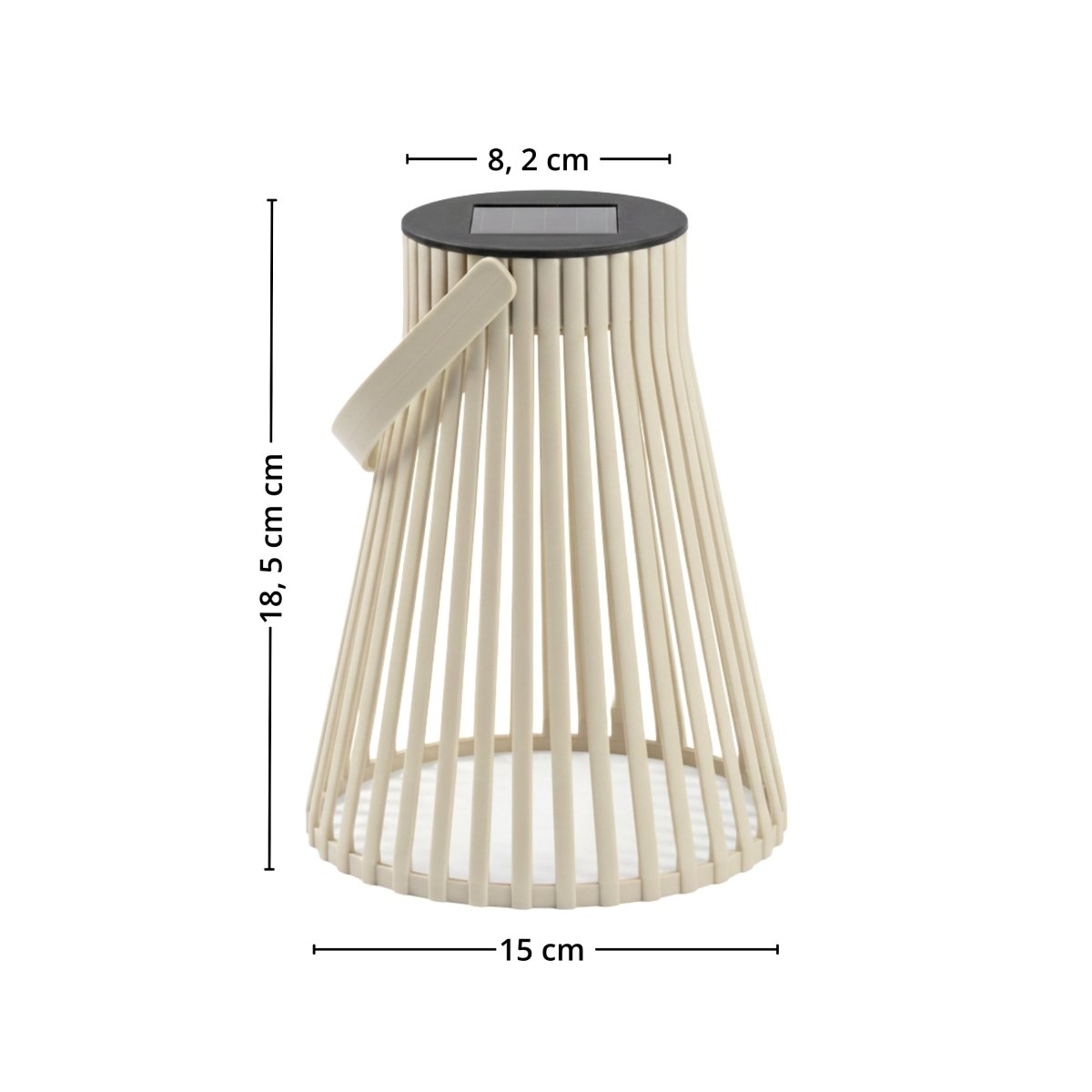 Beige solarlykt vist med mål for 15 cm bredde nederst, 8,2 cm bredde øverst og 18,5 cm høyde. - Lindas dekor