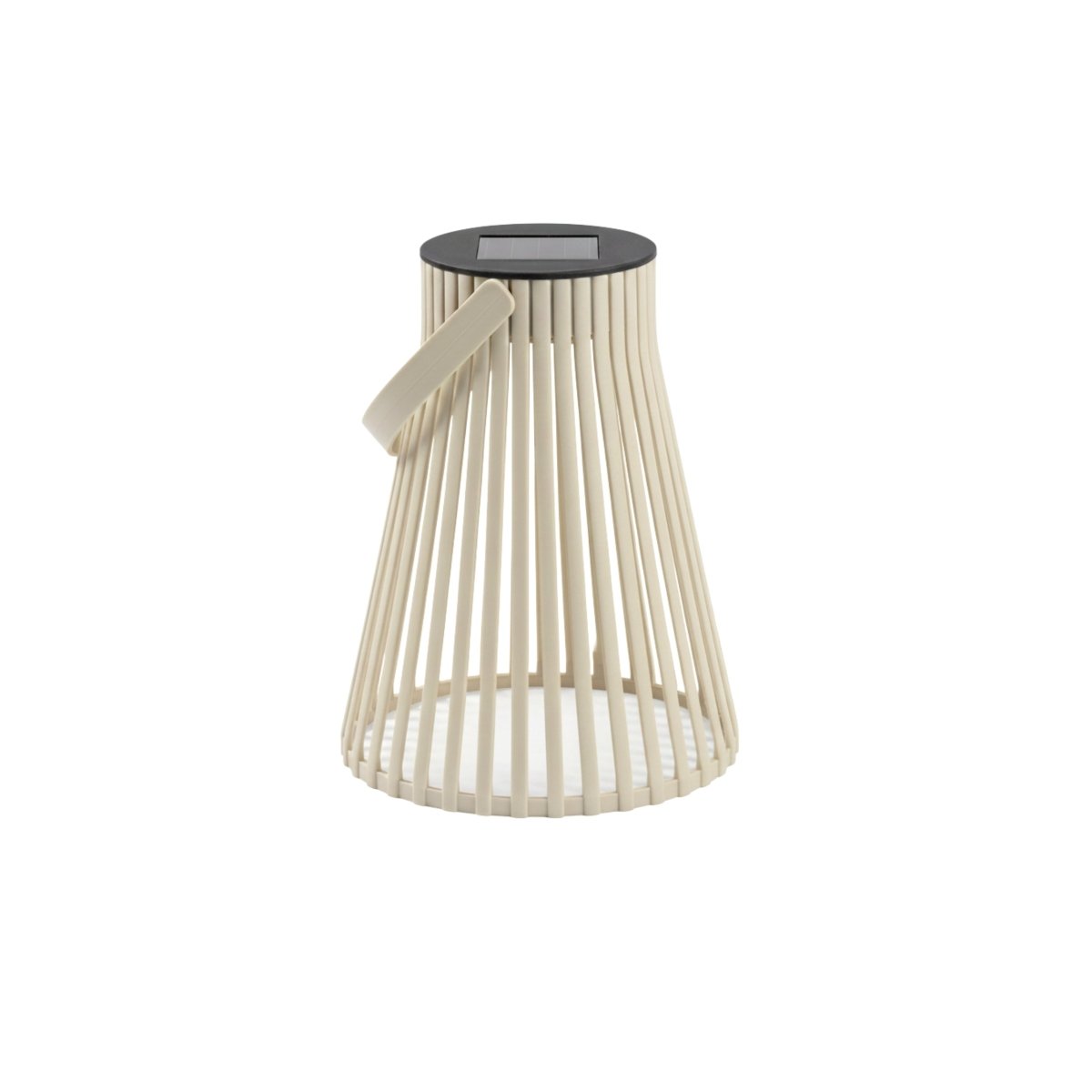 Beige solarlykt i plast med spileformet design, håndtak og solcellepanel på toppen, vist mot hvit bakgrunn. - Lindas dekor