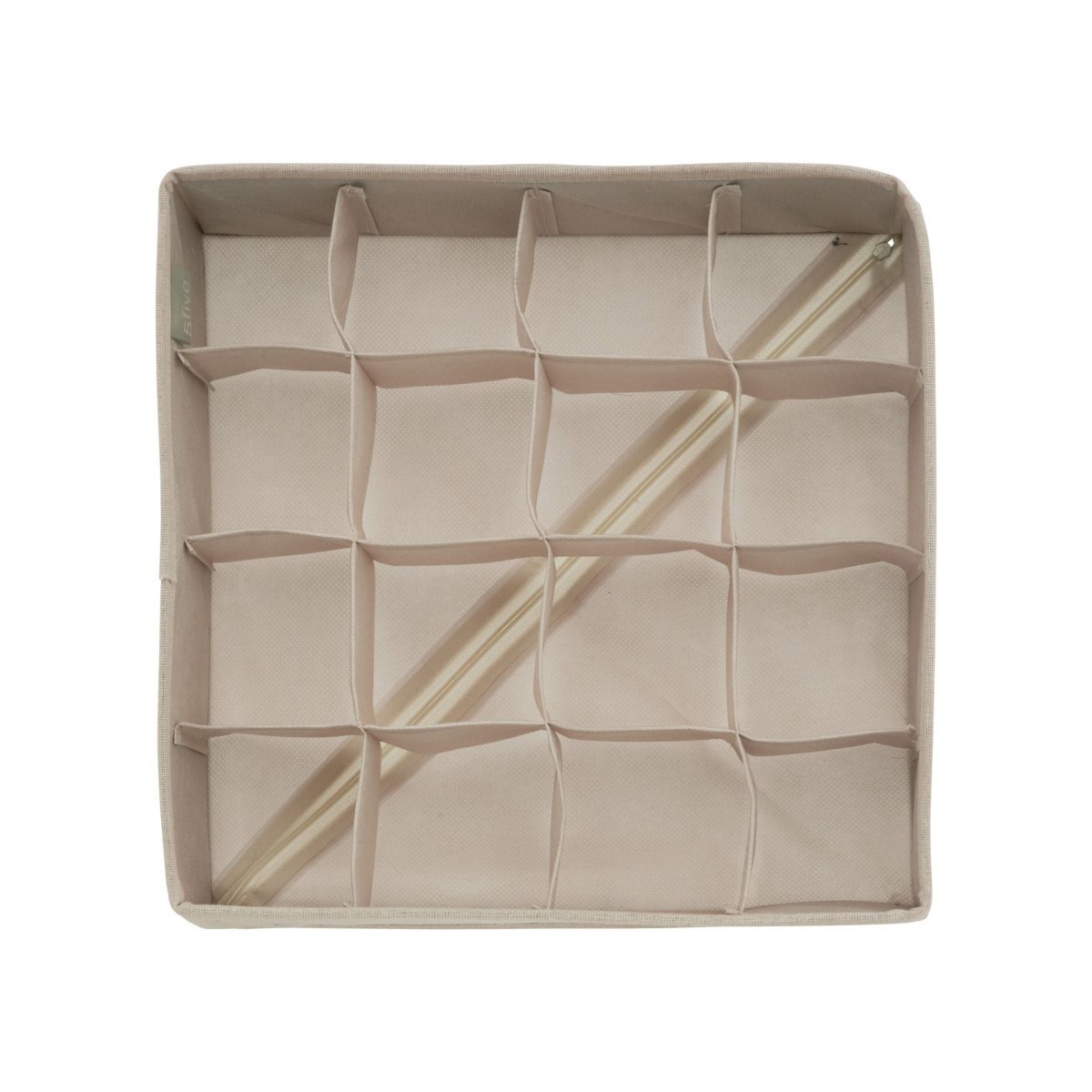 Beige skuffeorganiser sett ovenfra, med 16 separate rom.
