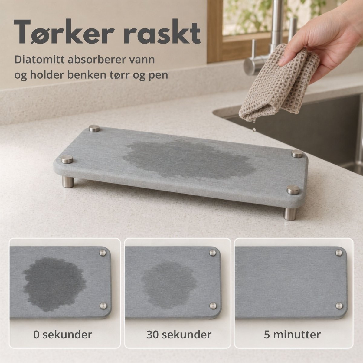 Grått diatomittbrett til kjøkkenbenk med mål 28 x 11 x 3,6 cm