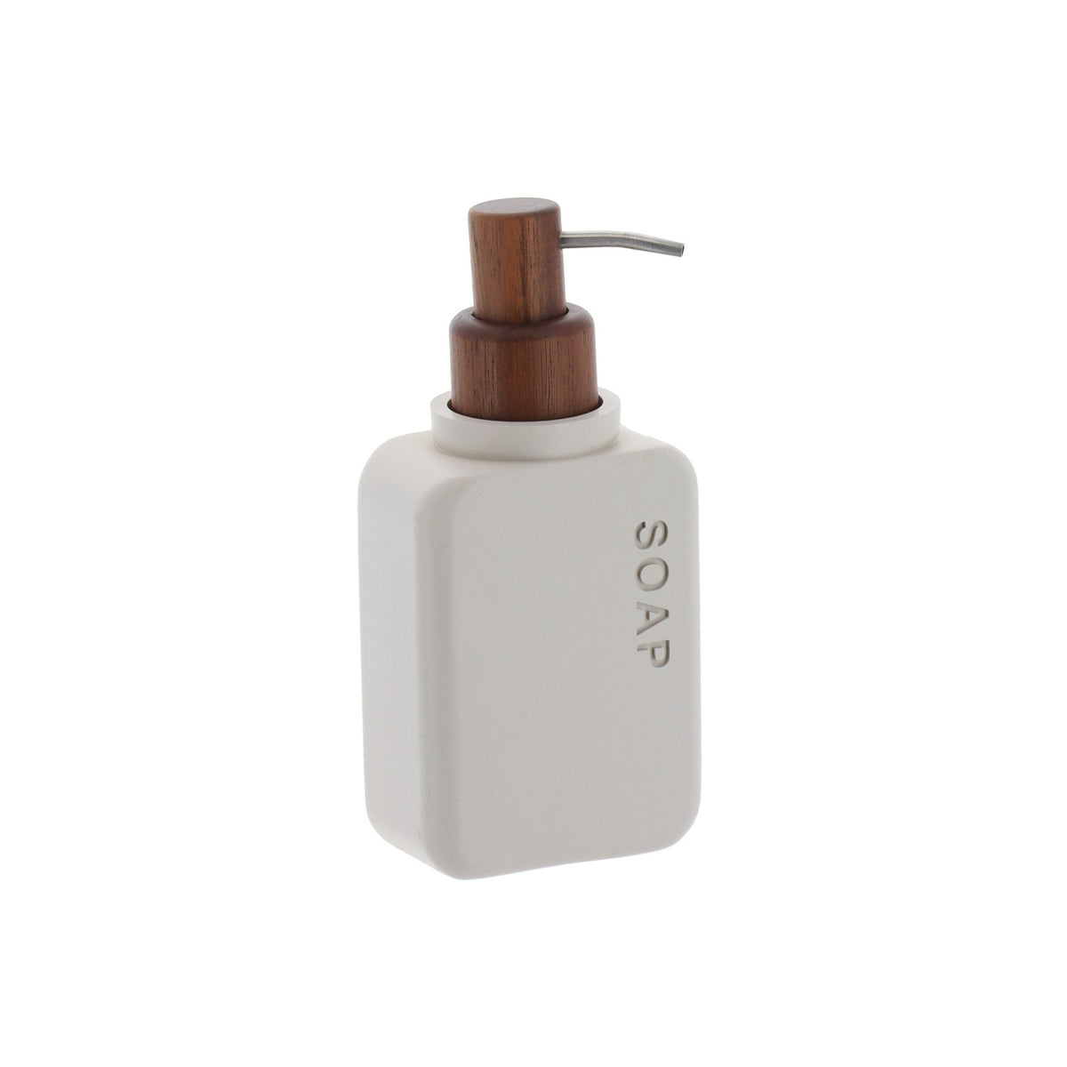 Sæbedispenser i beige polyresin med pumpe i akasie