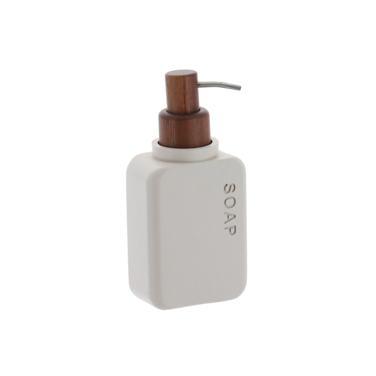 Sæbedispenser i beige polyresin med pumpe i akasie