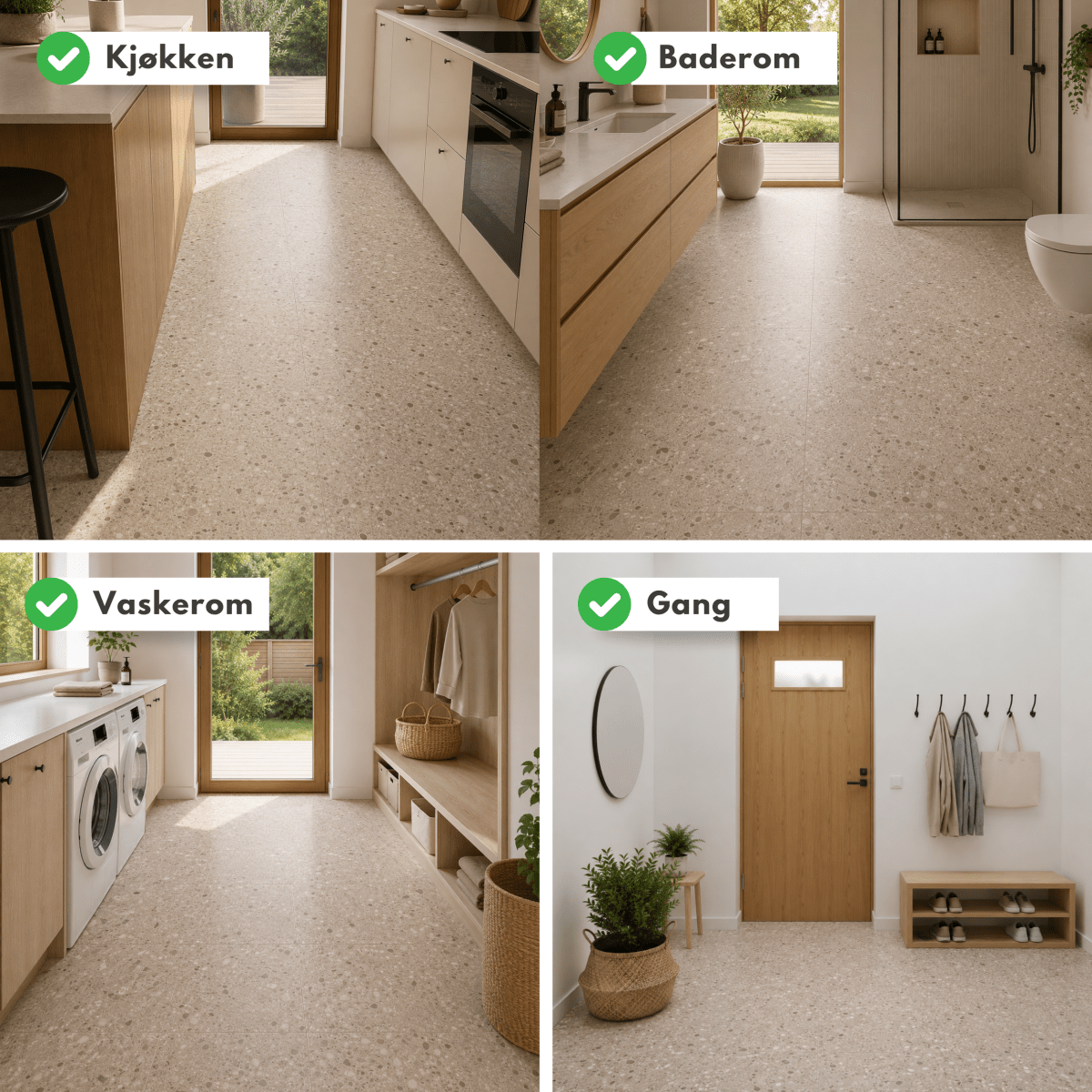 Eksempler på Sahara beige selvklebende fliser brukt på kjøkken, bad, vaskerom og i gang. - Lindas dekor
