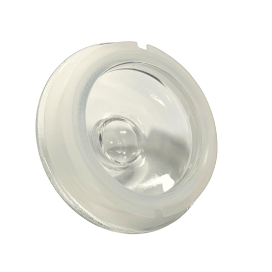 Gjennomsiktig glasslokk med hvit tetningsring, vist ovenfra på hvit bakgrunn.