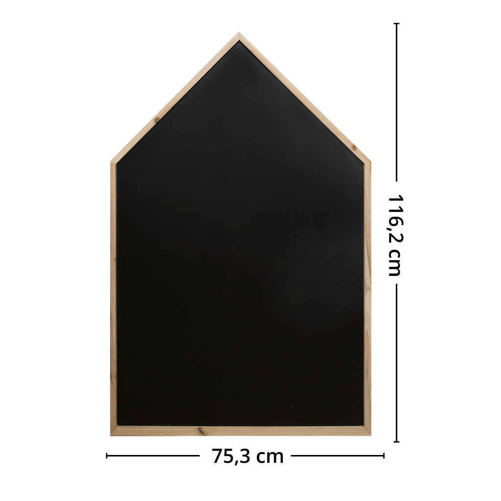 Husformet krittavle for barn med mål 75,3 x 116,2 cm og ramme i naturtre.
