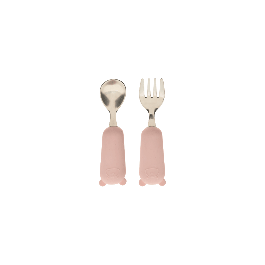 Rosa bestikksett for barn med skje og gaffel i rustfritt stål og myke rosa håndtak
