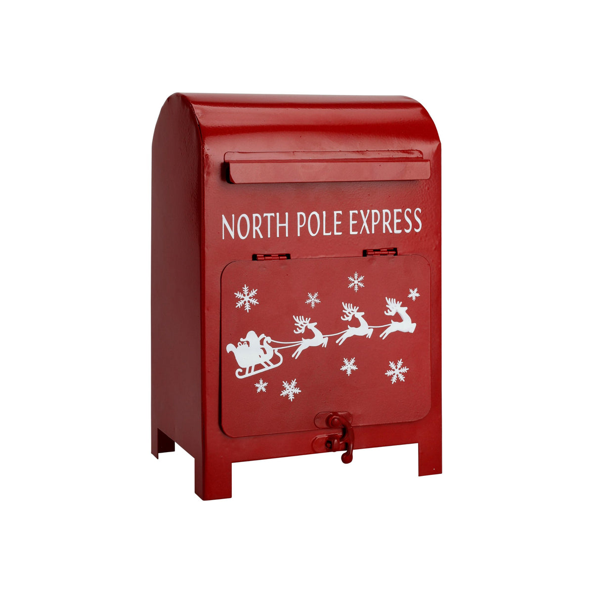 Røde julepostkasser i metall med julemotiv