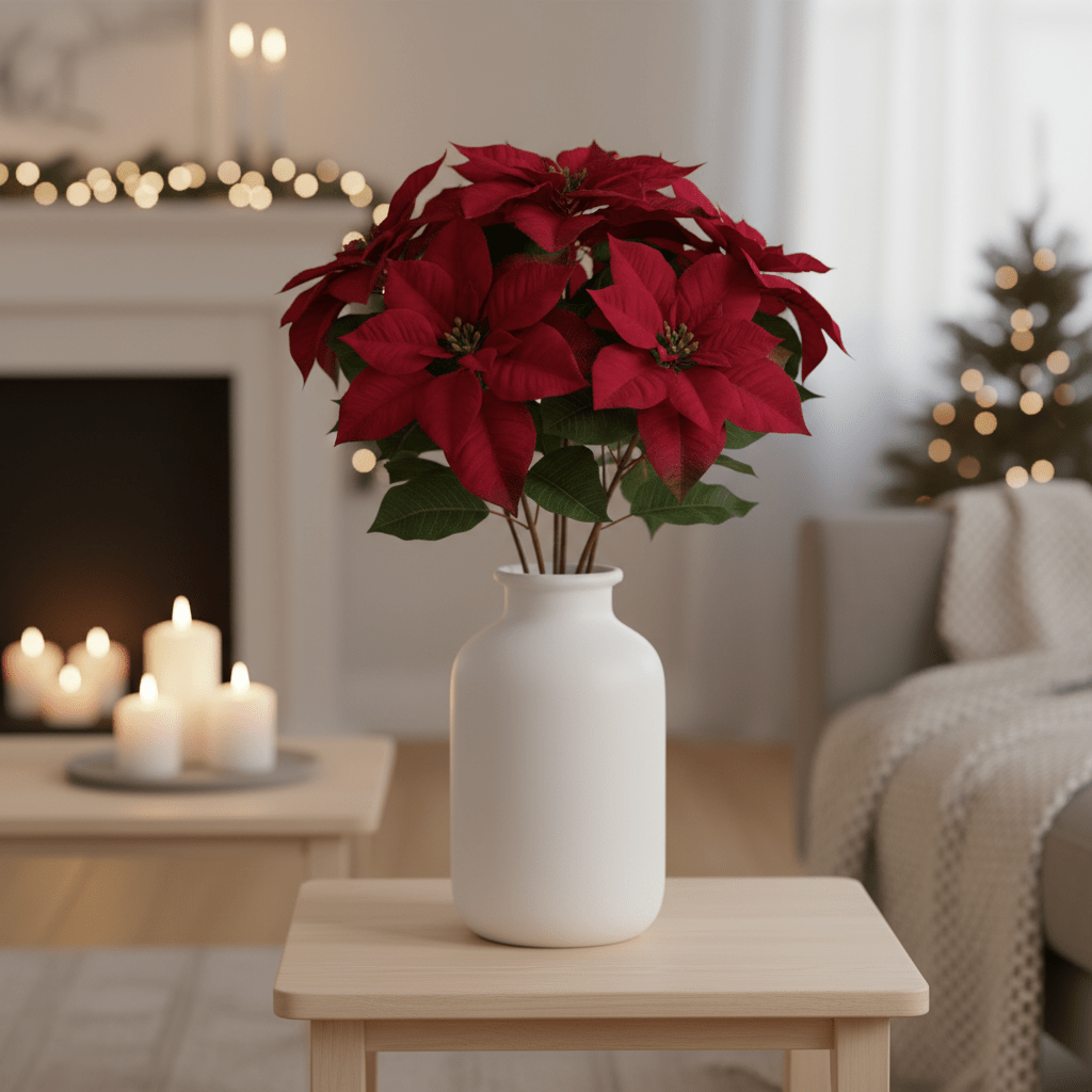 Röda julstjärnor 70 cm i hög vit vas 60 cm – elegant juldekoration i nordisk stil med stämningsfull belysning