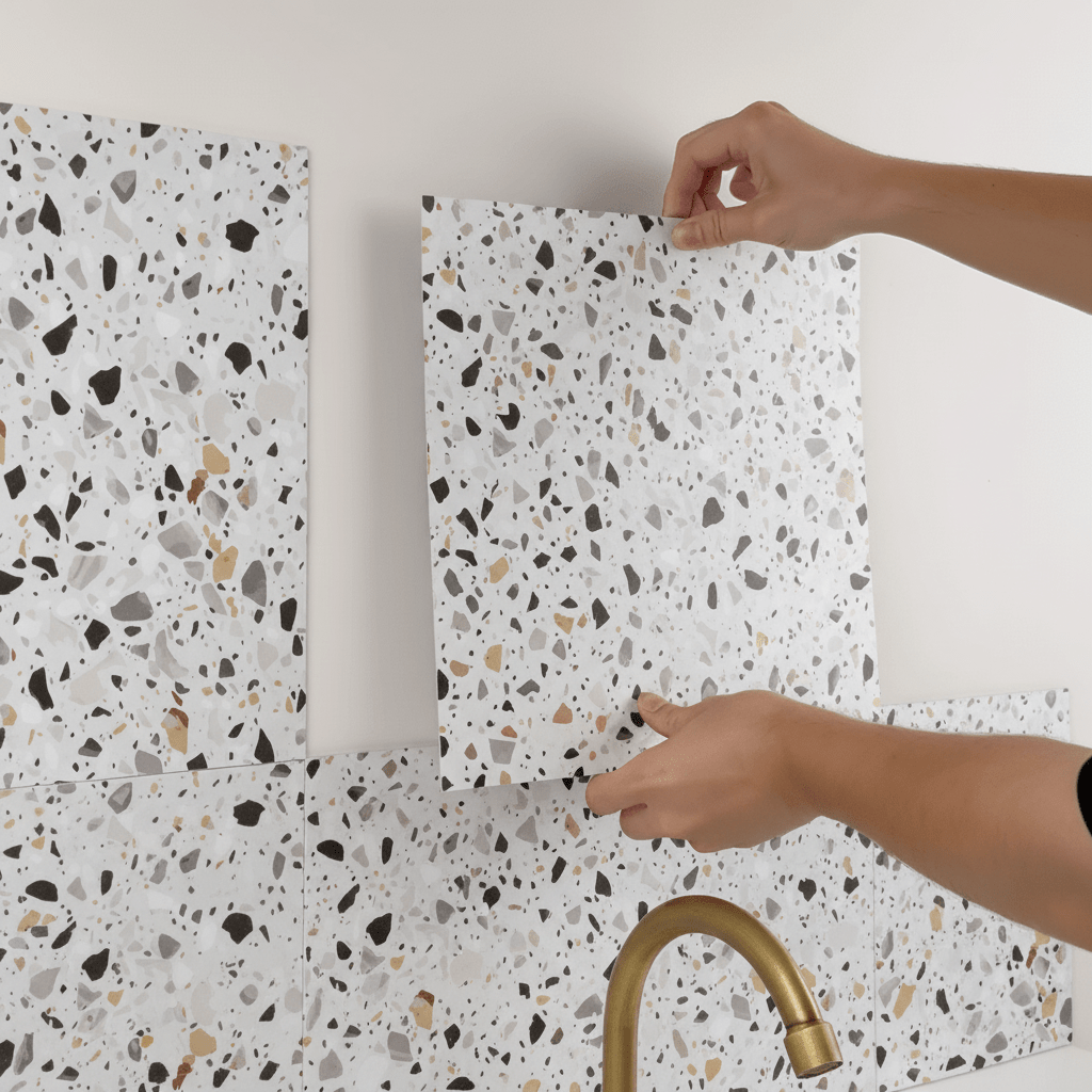 Sirocco Soft Terrazzo gulvfliser montert ved kjøkkenbenk med lyst terrazzo uttrykk. - Lindas dekor