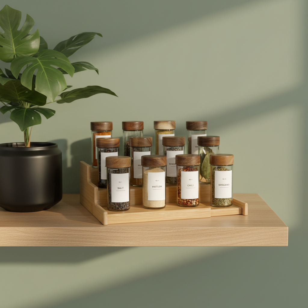 Plassbesparende krydderstativ i bambus – perfekt til små kjøkken