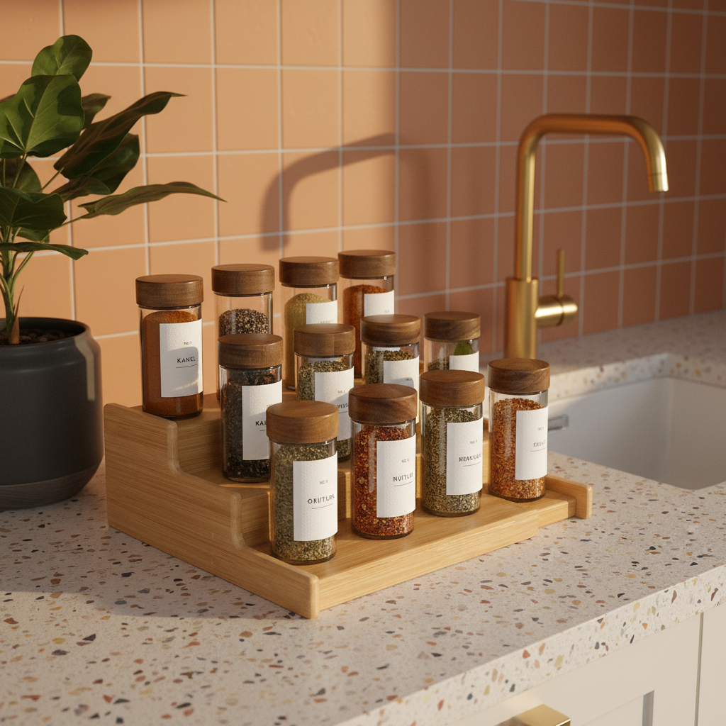 Bambus krydderhylle med 3 trinn – krydderstativ til kjøkkenbenk og skap