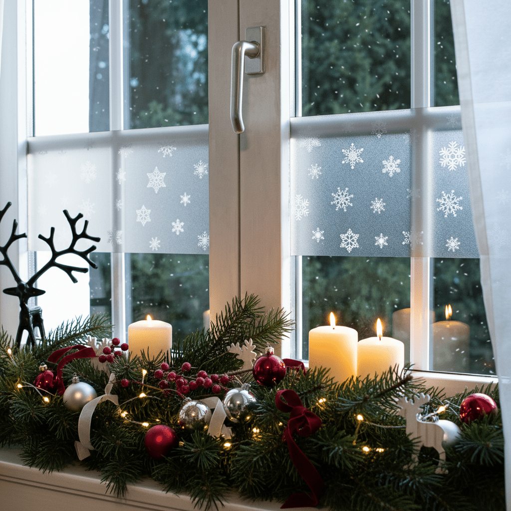 Snowflake vinduesfolie med snefnugsmønster på et vindue med julepyntet vinduskarm med grangrene, stearinlys, julekugler og lysdekorationer i varm julehygge