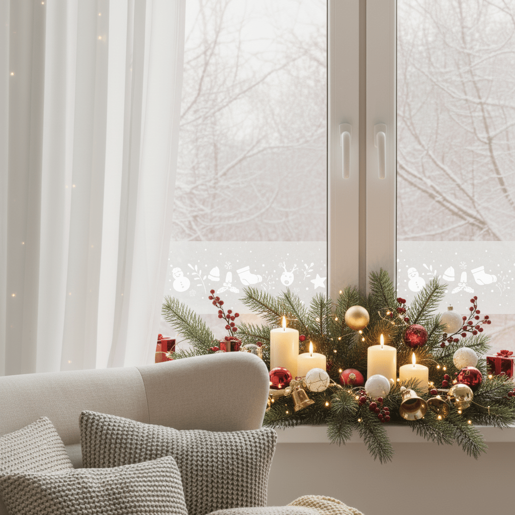 Winter joy vinduesfolie med vintermønster på et vindue med julepyntet vinduskarm med granstænger, stearinlys, julekuler og lysdekorasjoner i en varm julekos