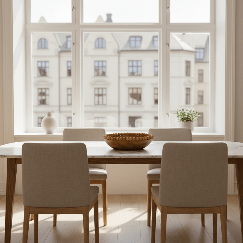 Trefat med rund form og trekuler kant plassert på spisebord