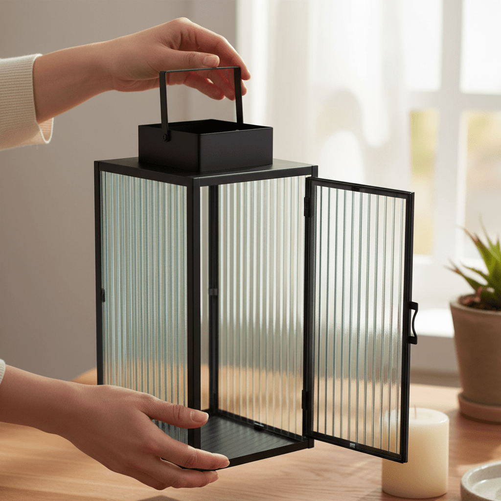 2 - pk Lykt sort metall stripet glass - Lindas Dekor