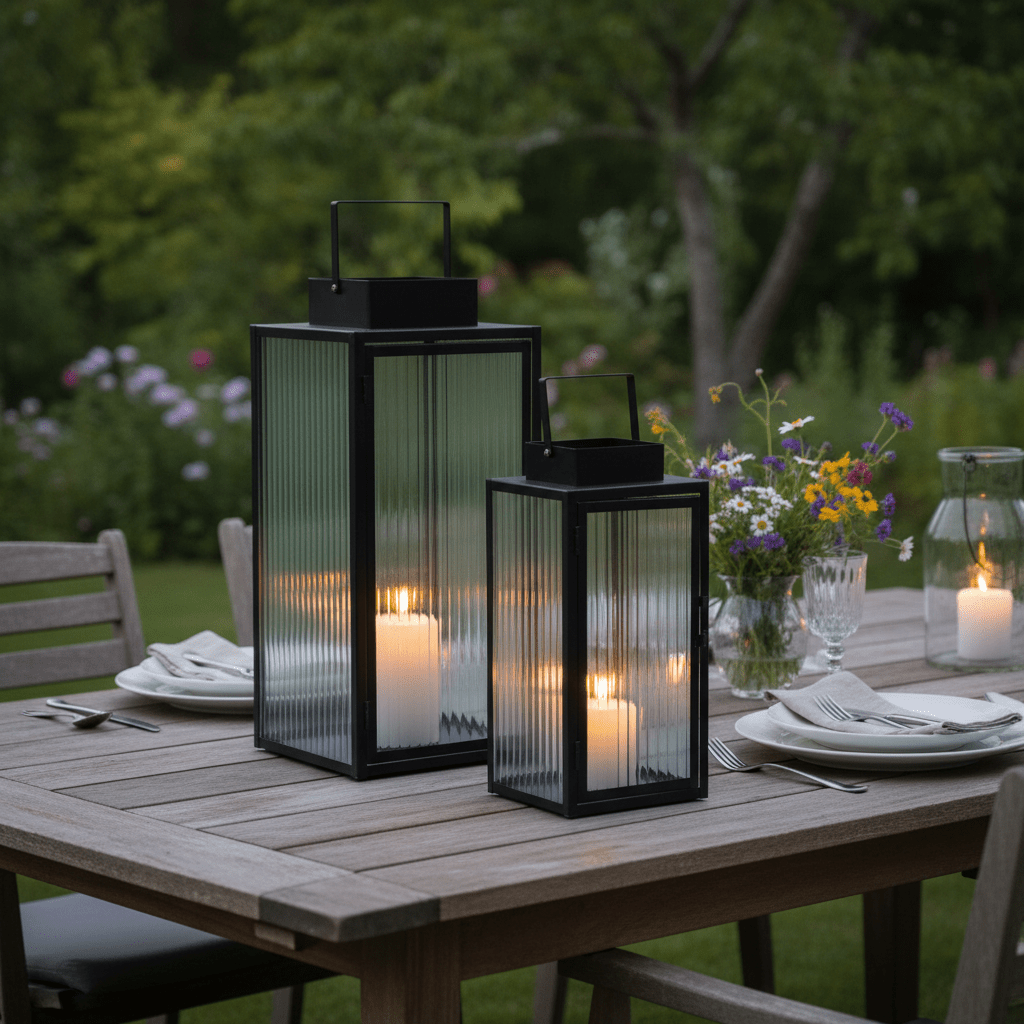 2 - pk Lykt sort metall stripet glass - Lindas Dekor