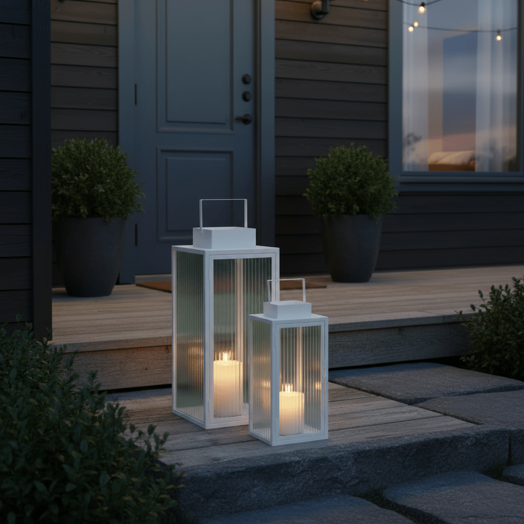 2 - pk Lykt hvit metall stripet glass - Lindas Dekor