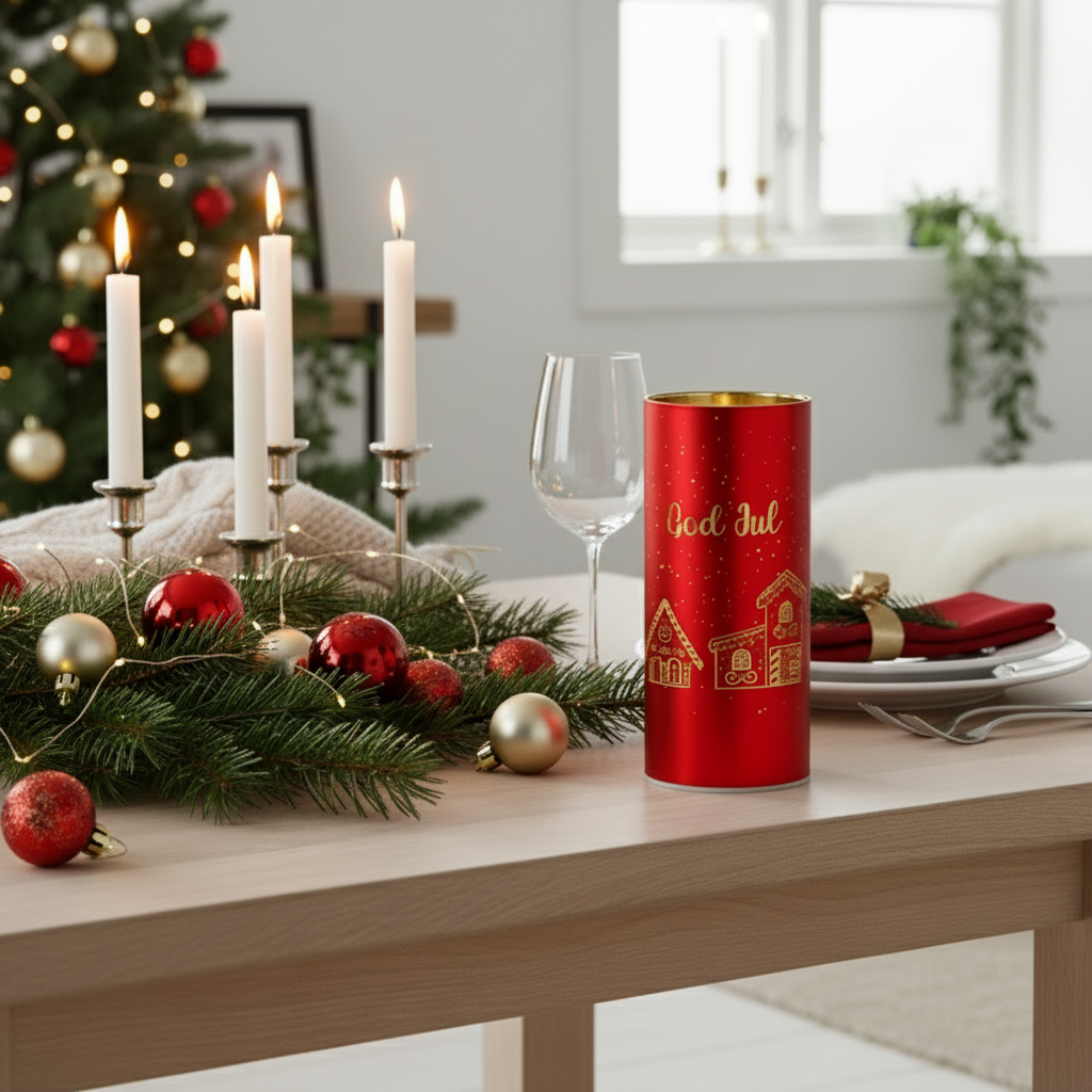 Rød LED-lyslykt 7 x 15 cm med God Jul-tekst på julepyntet bord med granbar, julekuler og stearinlys i varm julekos