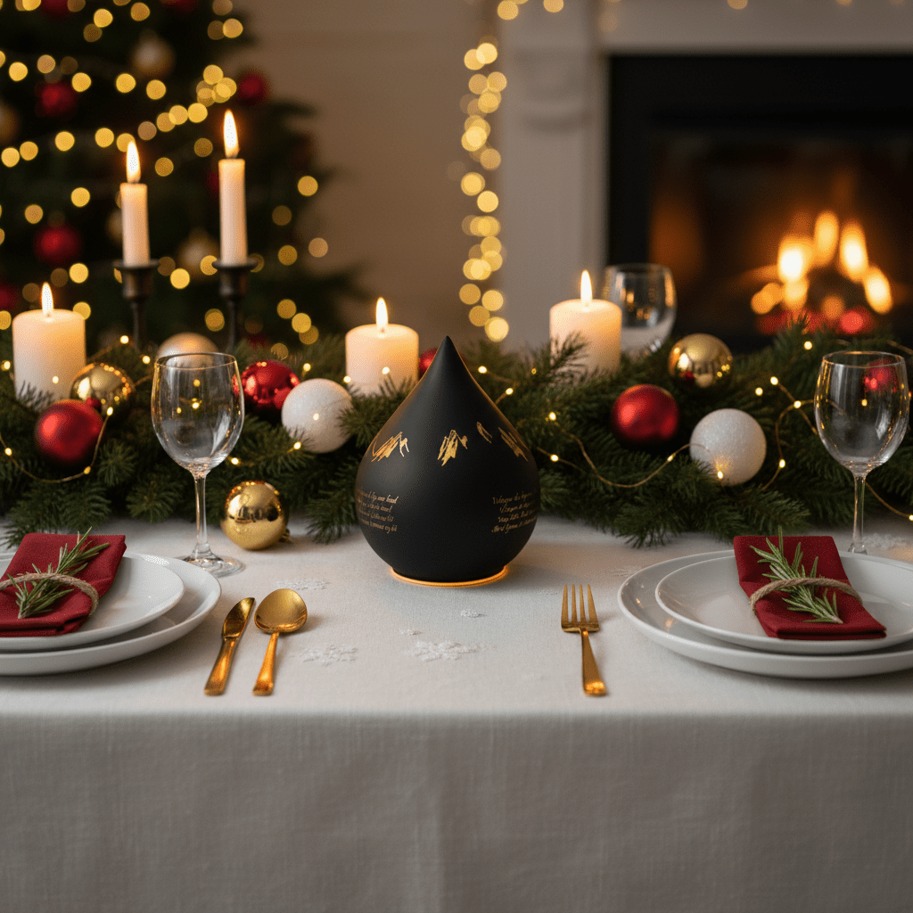 Svart droppformad LED-ljuslykta 16 cm med nordisk design på ett julpyntade bord med granar, julkulor och stearinlys i varm julhygge
