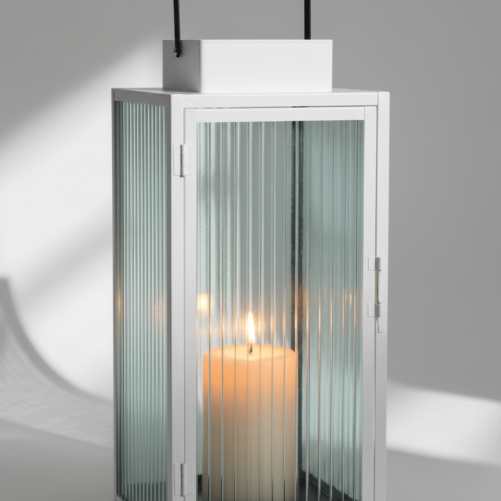 2 - pk Lykt hvit metall stripet glass - Lindas Dekor