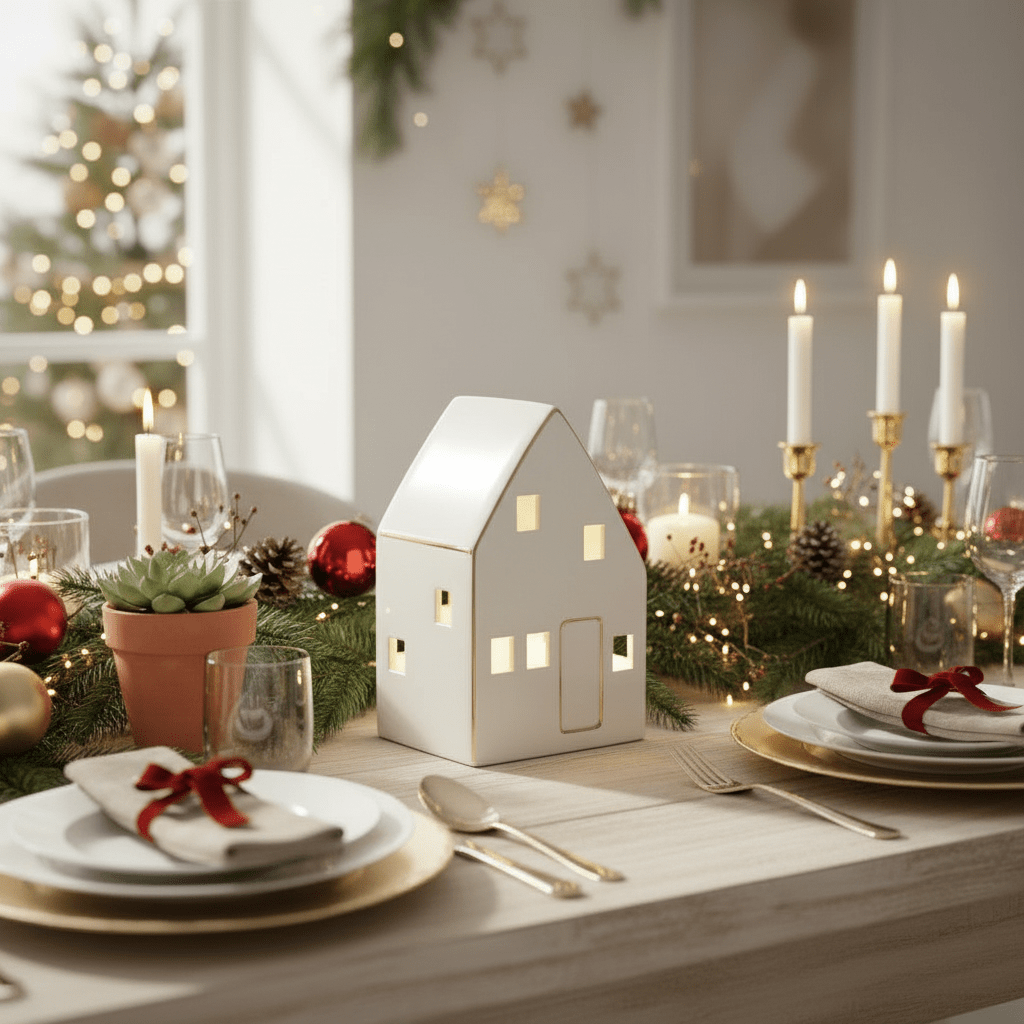 Nordby liten på julepyntet bord med granbar, julekuler og stearinlys i varm julekos