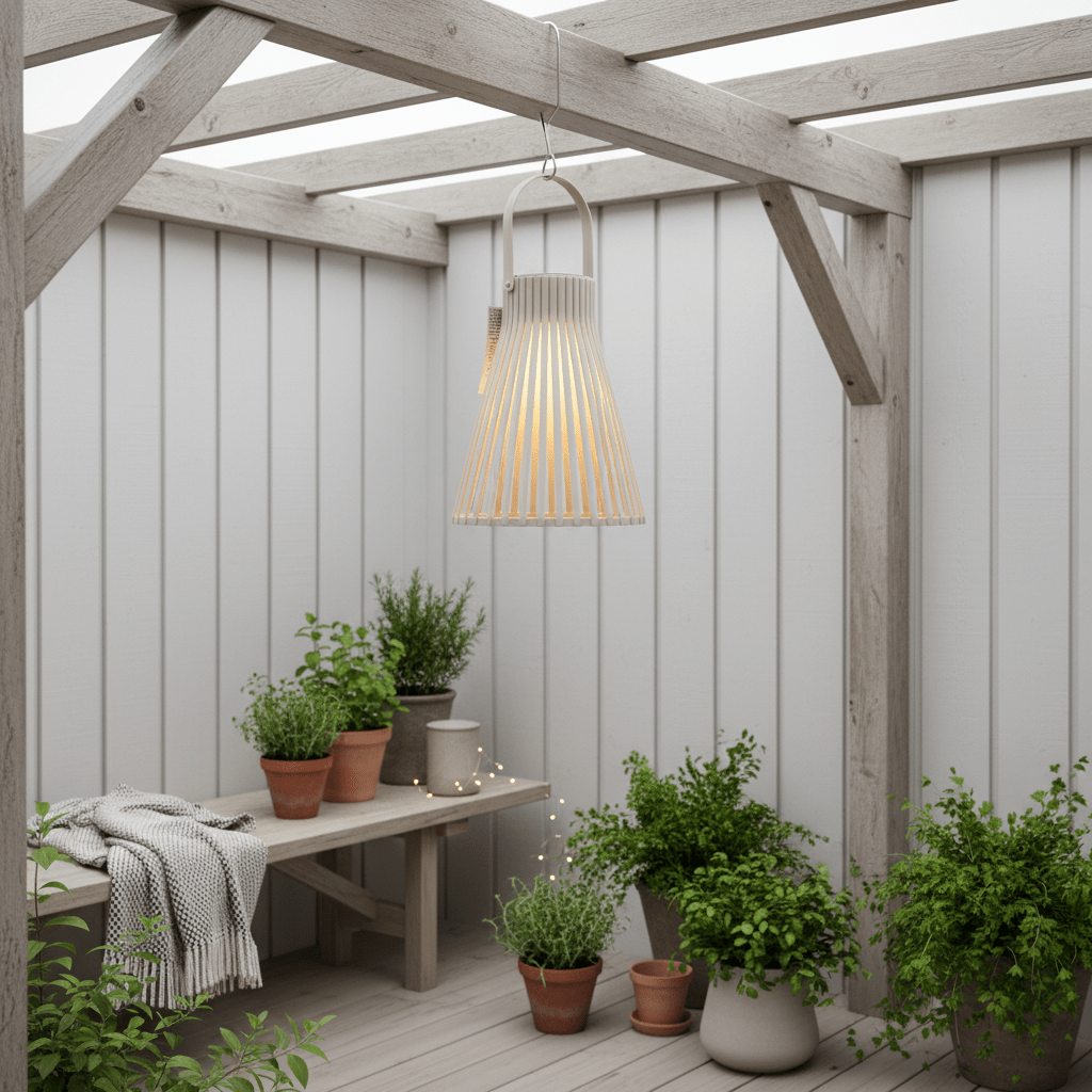 LED solarlykt på steinhelle ved vindu og grønne planter