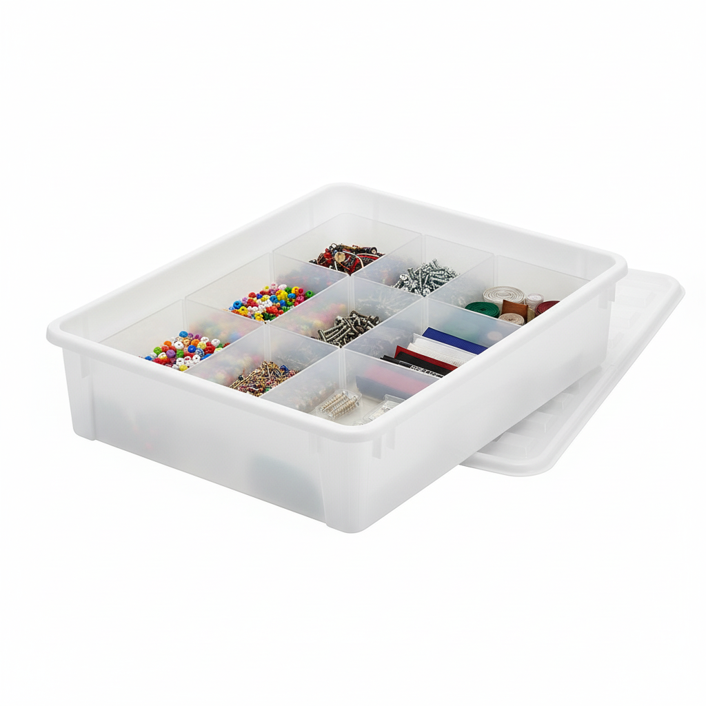 Oppbevaringskasse med lokk og hjul som passer under seng