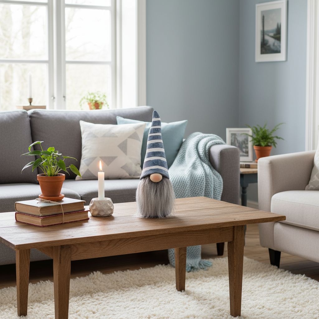 Moderne nissefigur i blå og hvit med skjegg – dekorasjon til jul miljøbilde