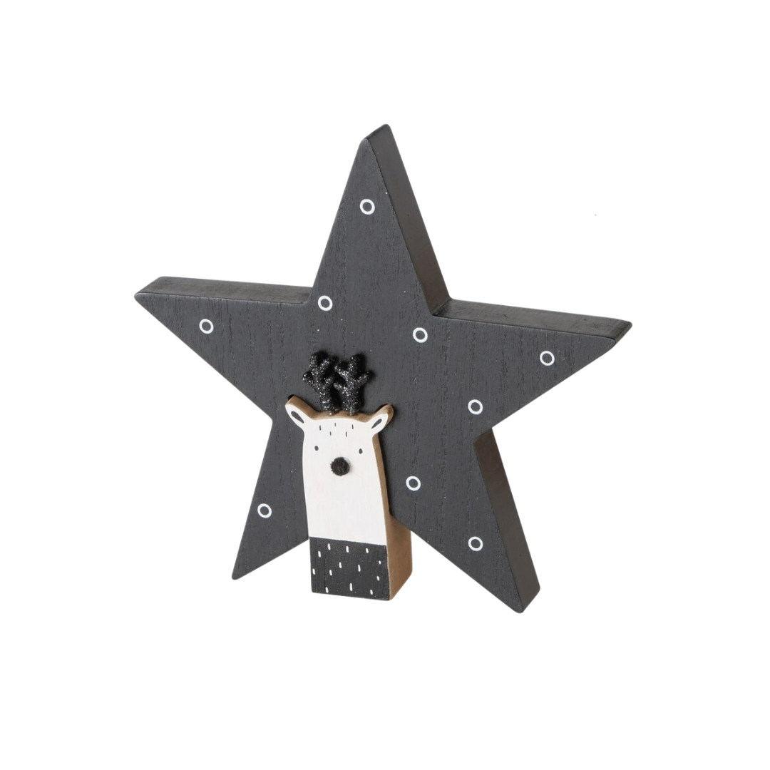 Rudolf stjerne i sort tre med hvit nese, 22 cm.