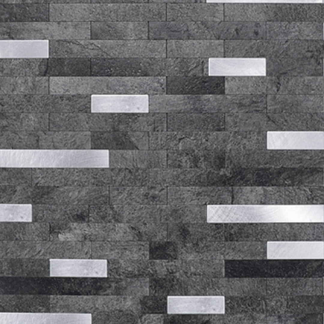 Stein mørk grå selvklebende veggfliser imiterer veggfliser av stein i staver i grå toner og med innslag av aluminium. Denne er fin til kjøkkenet.