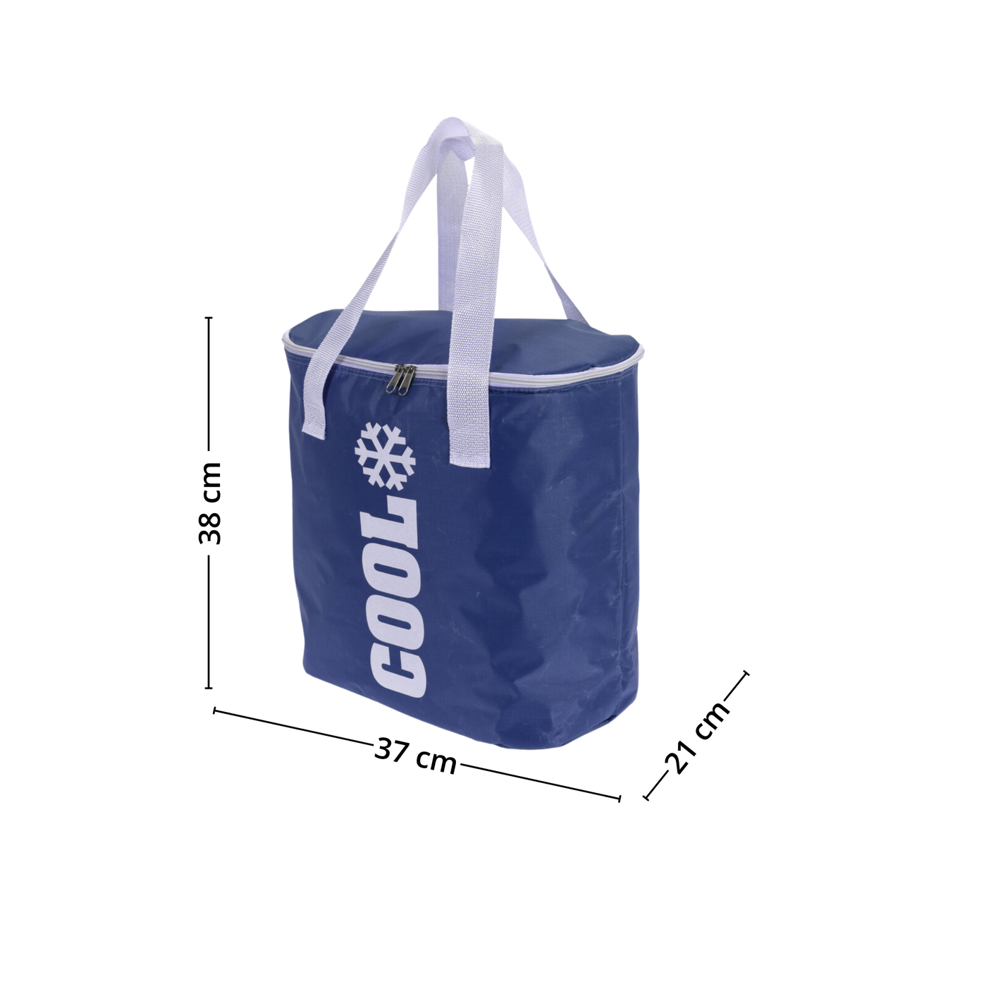Blå kjølebag med hvite stropper og teksten COOL, målene 38×37×21 cm er vist.