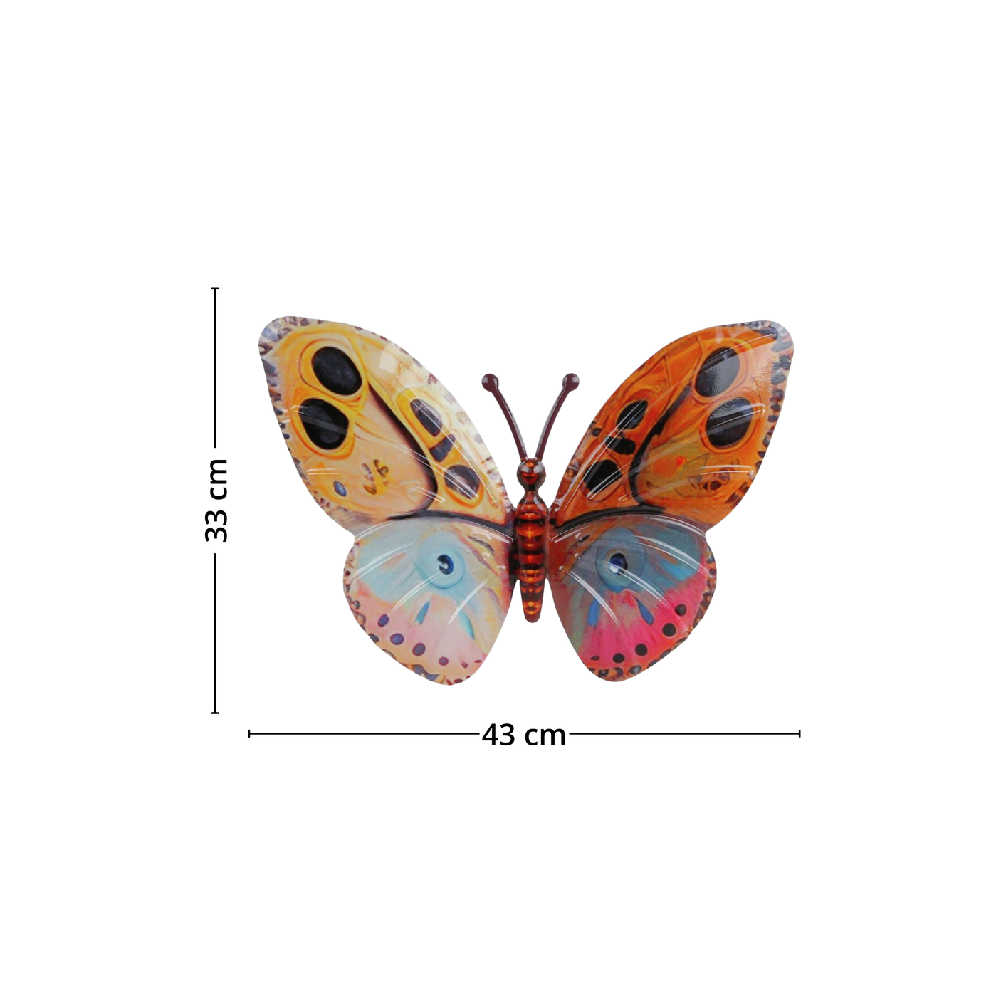 Fargerik metallsommerfugl med mål 43 cm bredde og 33 cm høyde vist på hvit