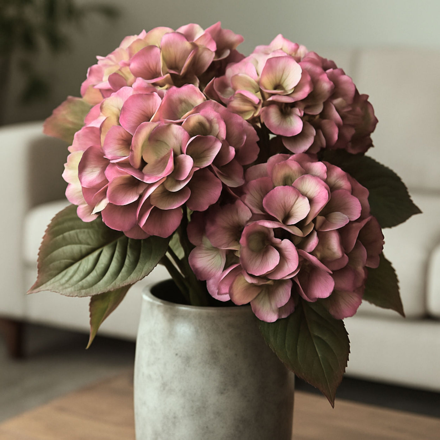 Nærbilde av kunstig hortensia i rosa toner med realistiske blader, plassert i grå keramikkvase på bord i stilren og lun stue.