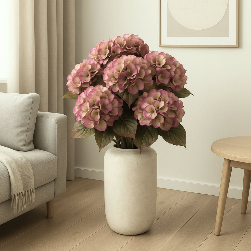 Kunstig hortensia i rosa nyanser plassert i hvit vase, perfekt som vedlikeholdsfri dekorasjon i moderne stue med naturlige toner.
