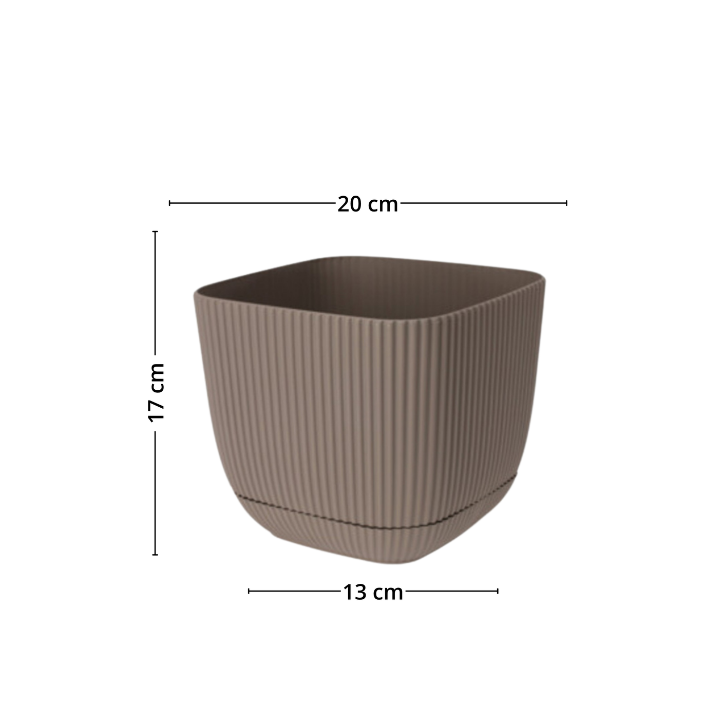 Brun plantepotte med riller og mål: 20 cm bred, 17 cm høy, 13 cm i bunn.