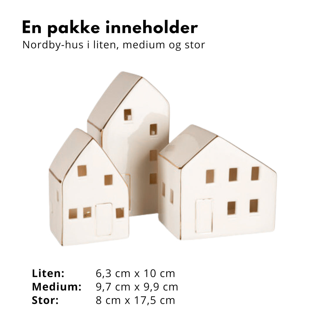 Tre keramikkhus i ulike størrelser med mål og produktbeskrivelse: liten, medium og stor.