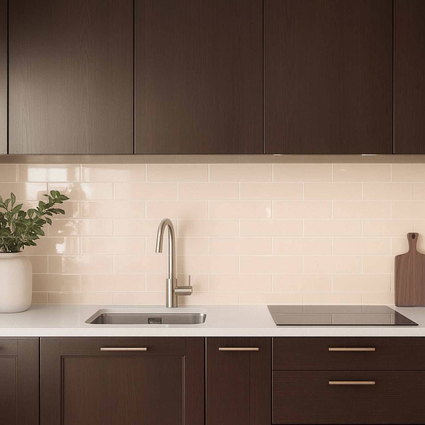 Selvklebende kjøkkenfliser i beige, blank finish som gir et elegant og tidløst uttrykk.