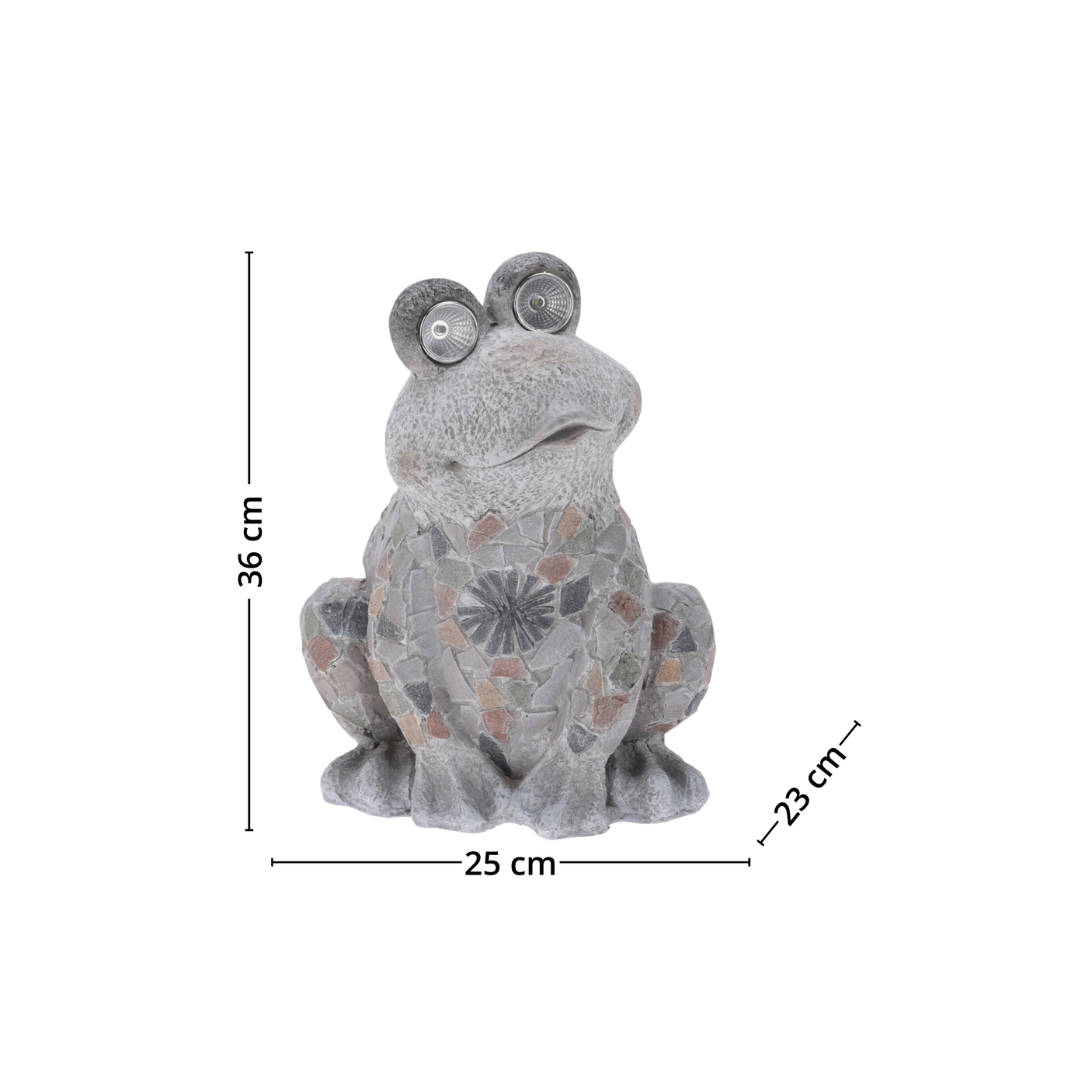 Produktbilde av en mosaikkfrosk med mål påført, viser høyde, bredde og dybde på figuren mot hvit bakgrunn.