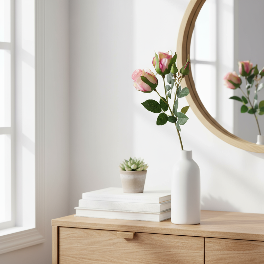 Rosa rose brukt som dekorasjon i stuevindu