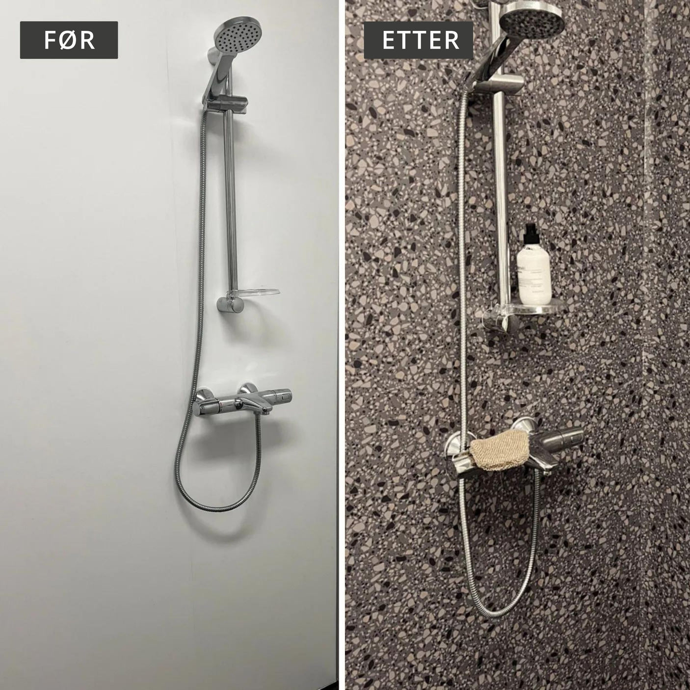 Clemont terrazzo fliser brukt på baderomsvegg med beige detaljer