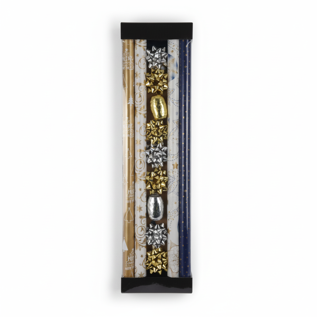 gavepapirsett med 4 ruller innpakningspapir i gull, hvitt og blått med julemotiv – inkludert matchende gull- og sølvsløyfer.