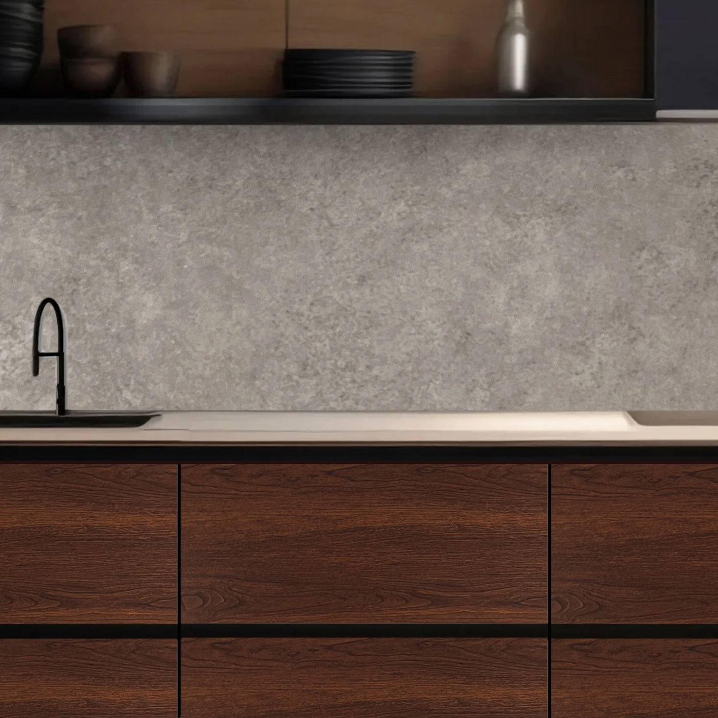 Warm walnut kontaktplast montert på kjøkkenskap. Få et kjøkken med valnøtt enkelt, raskt og billig