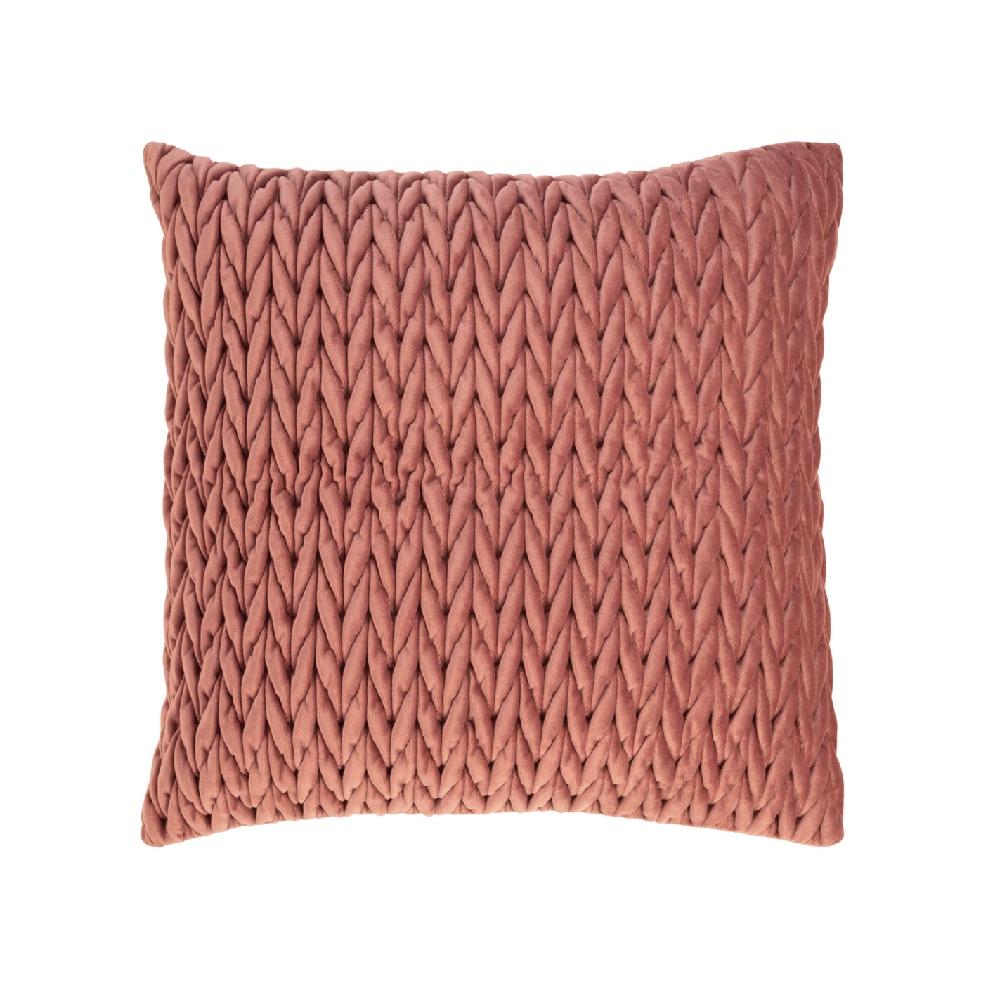 Dekorativt putetrekk i varm amberfarge med flettet struktur.