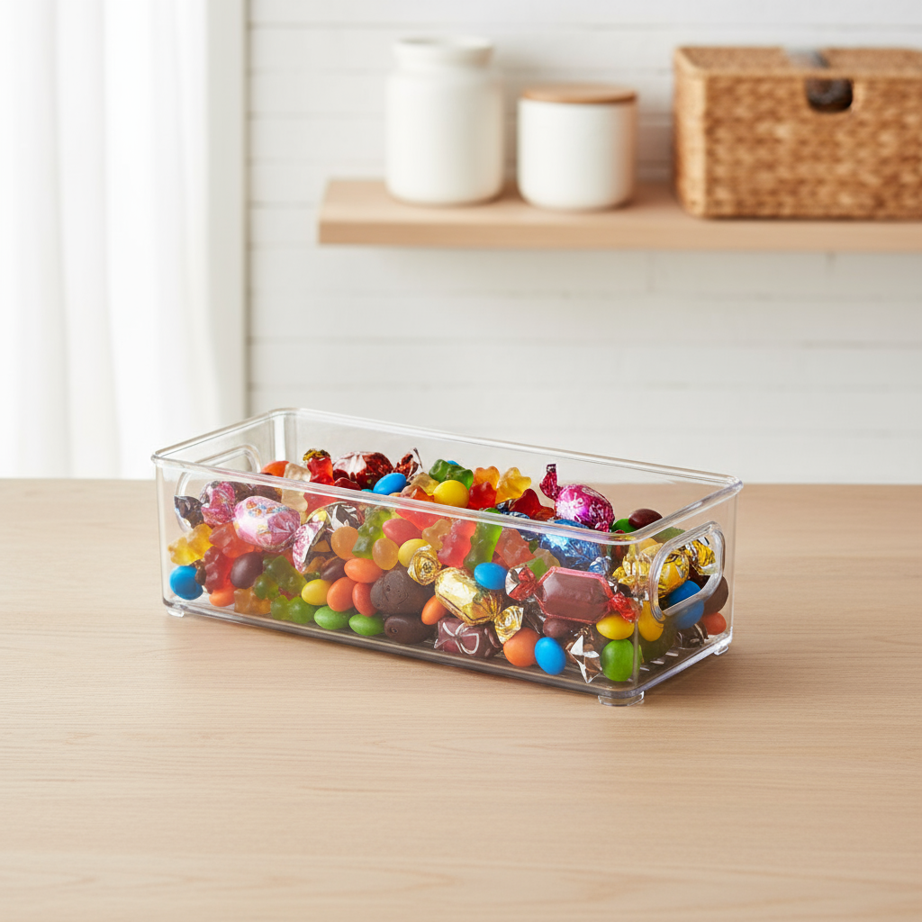 Klar plast oppbevaringsboks til snacks og småvarer – stablebar organizer