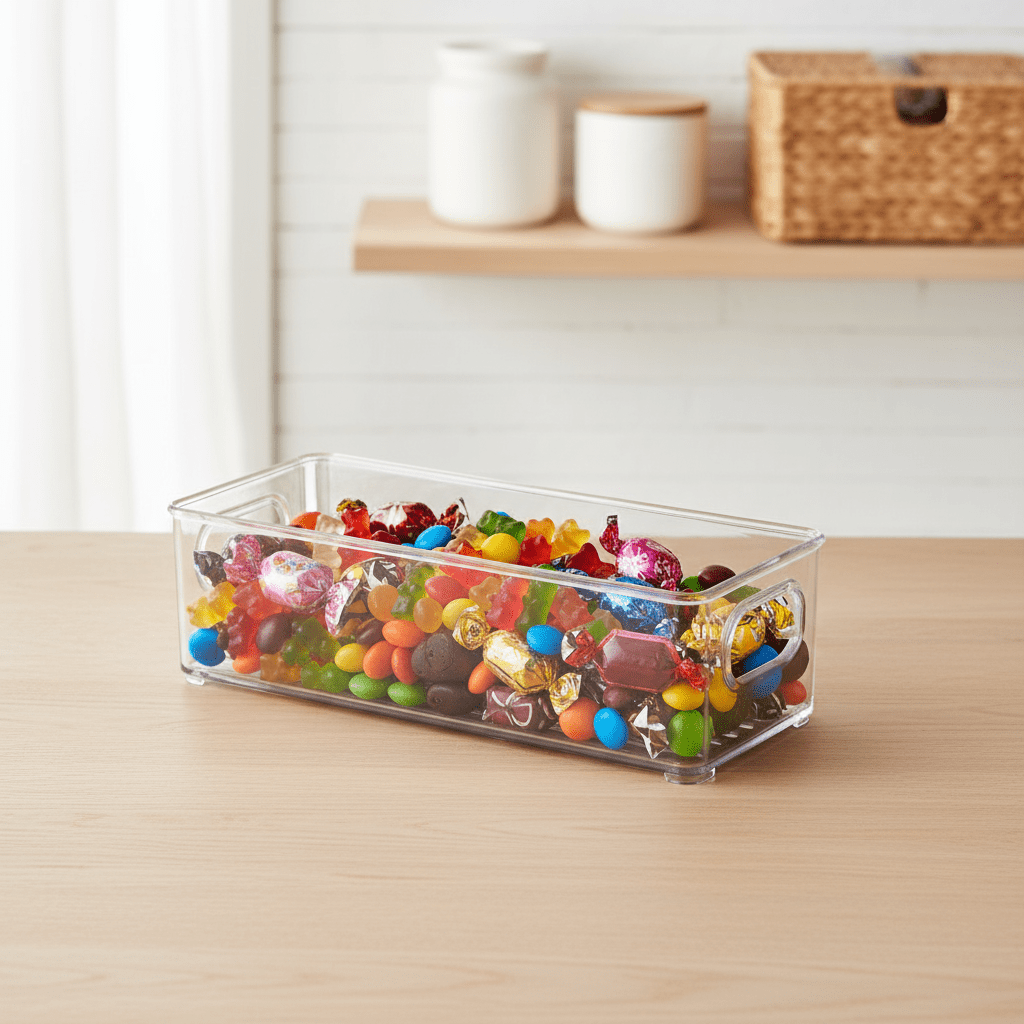 Klar plast oppbevaringsboks til snacks og småvarer – stablebar organizer