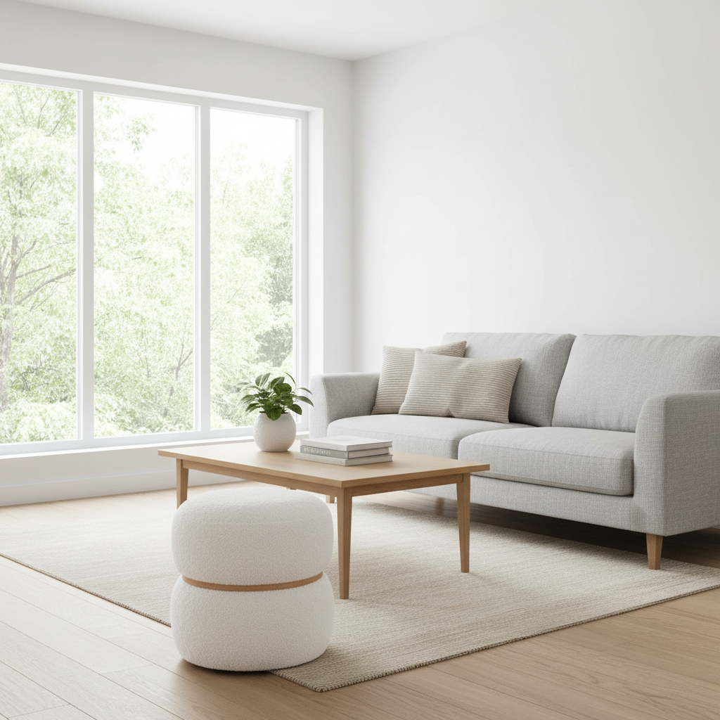 Beige puff med oppbevaring plassert ved sofa i lyst interiør