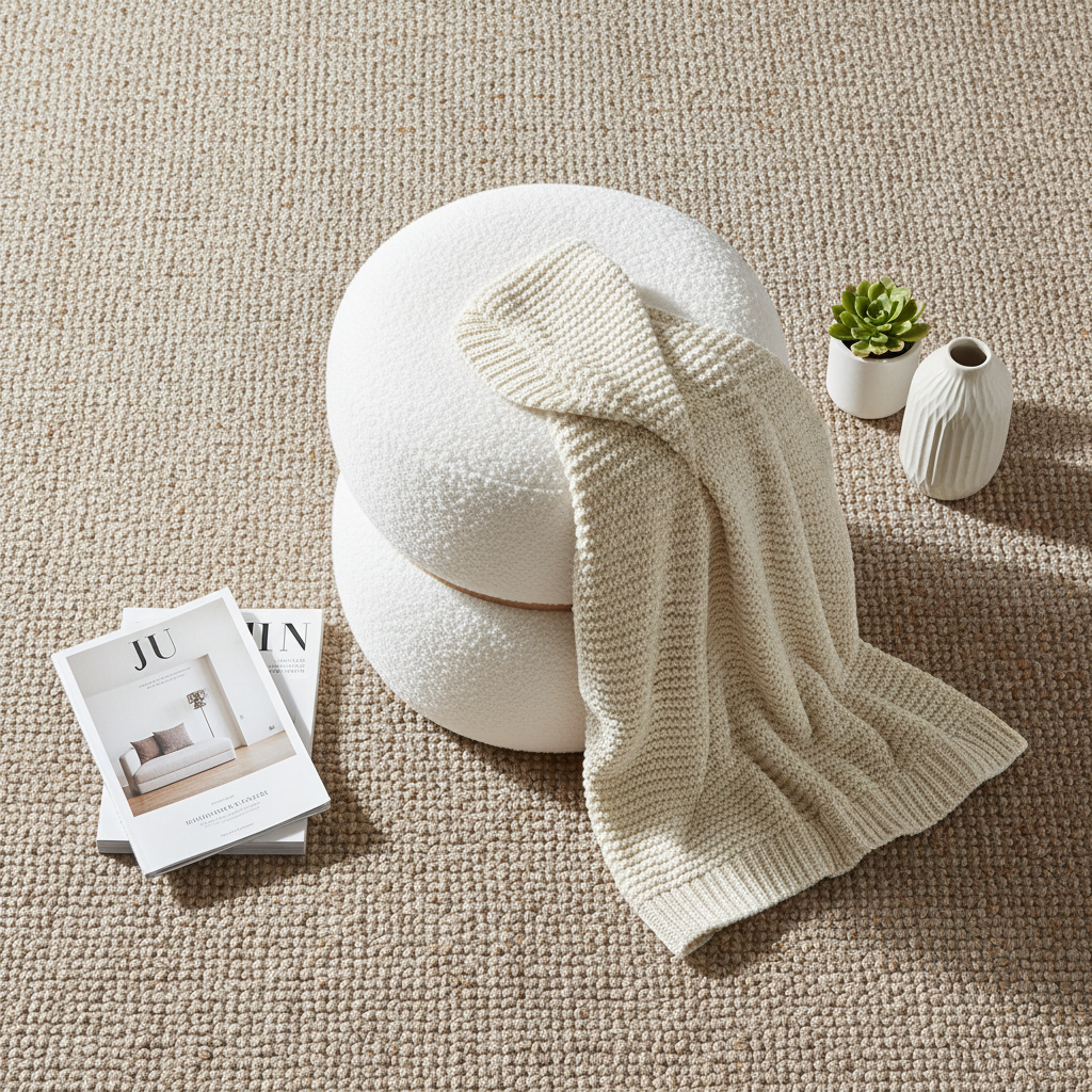 Detaljbilde av boucléstoff på Brooklyn puff i beige