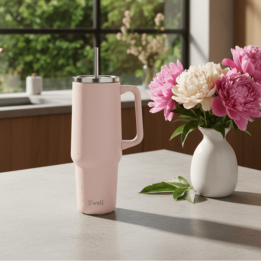 S’well termokrus i rosa med handtag, lock och suger på vit bakgrund